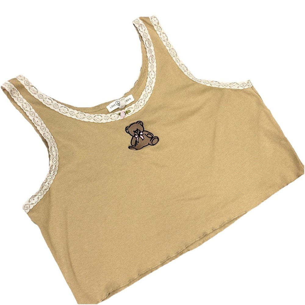 Love Lazy Days Crop Tank Top Medium Y2K Lace Embroidered Lettuce Trim Teddy Bear